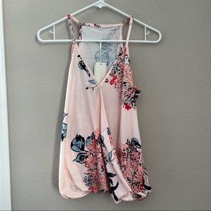 Aokosor Deep V Neck Wrap Spaghetti Strap Floral Pink Tank Top Size S